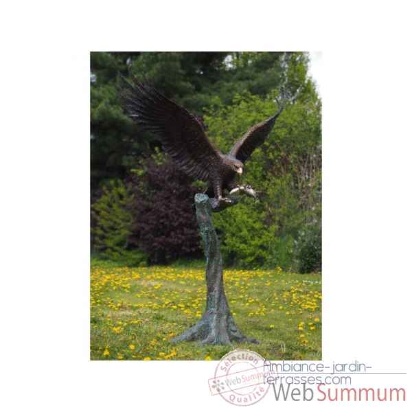 Sculpture grand aigle sur tronc d\'arbre en bronze thermobrass -b1243