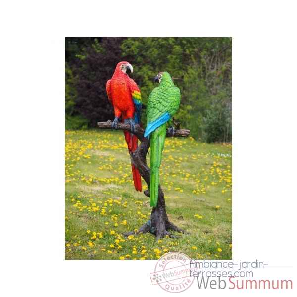Sculpture 2 perroquets colores sur tronc d\'arbre en bronze thermobrass -b1147-1