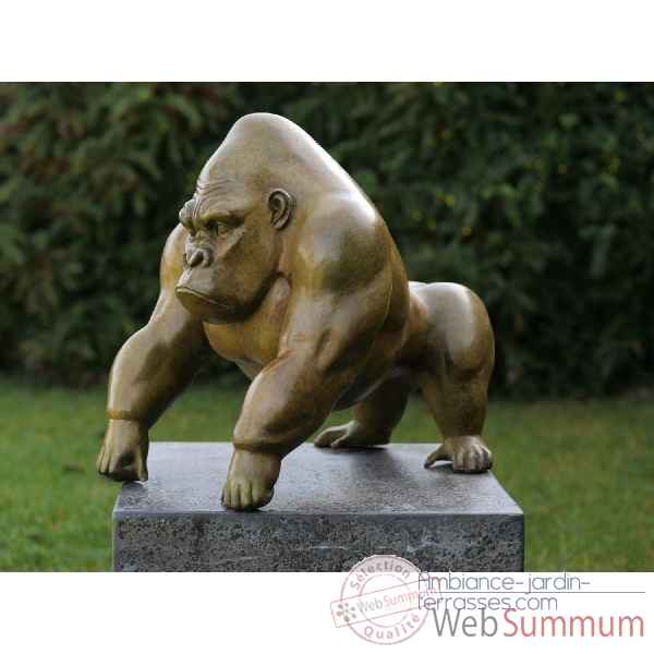 Statue bronze gorille vert patine a chaud -B91140